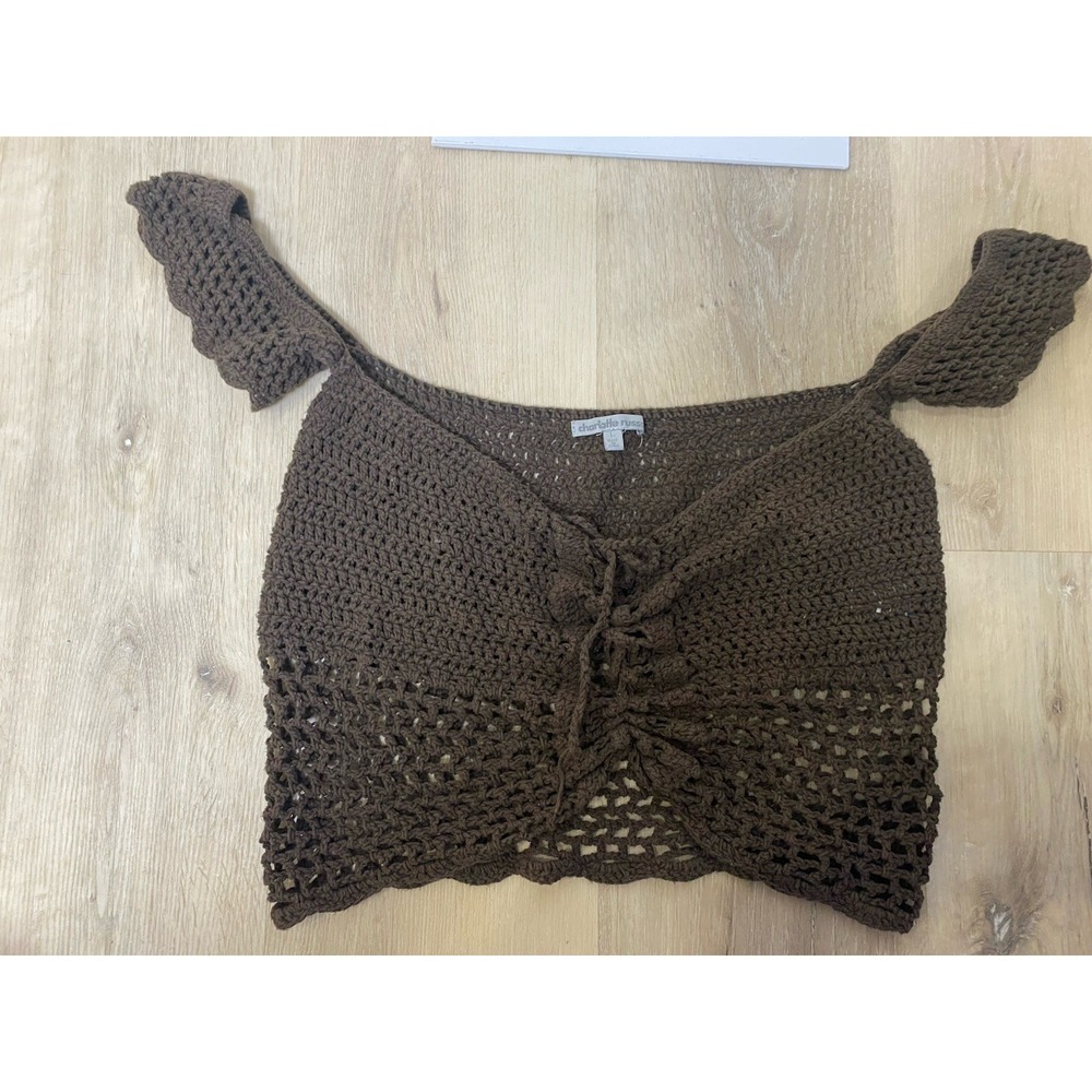Charlotte Russe Y2K Knit Crochet Crop Top L Women's Brown Boho Festival beachy